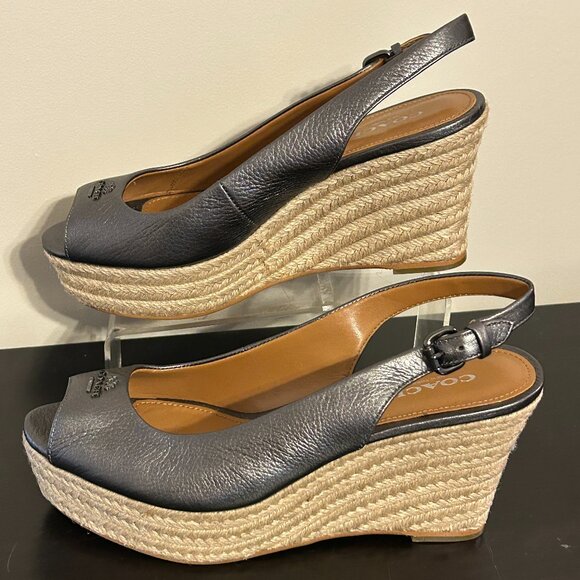 Womens COACH Sz 6 Gray Metallic Platform Wedge Open Toe Shoes - Picture 3 of 6